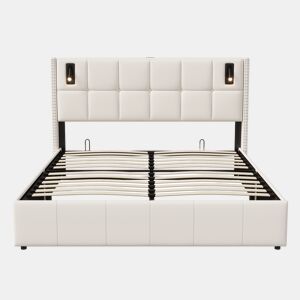Cama estofada 160 x 200 cm, cama de casal com luz de leitura, cama de armazenamento hidráulica com ripas de madeira maciça e metal, bege