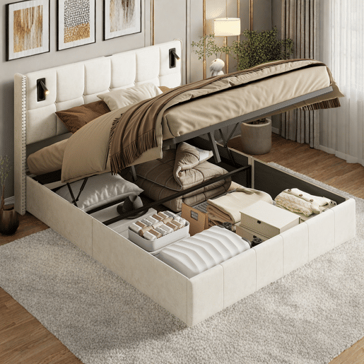 Cama estofada 160 x 200 cm, cama de casal com luz de leitura, cama de armazenamento hidráulica com ripas de madeira maciça e metal, bege