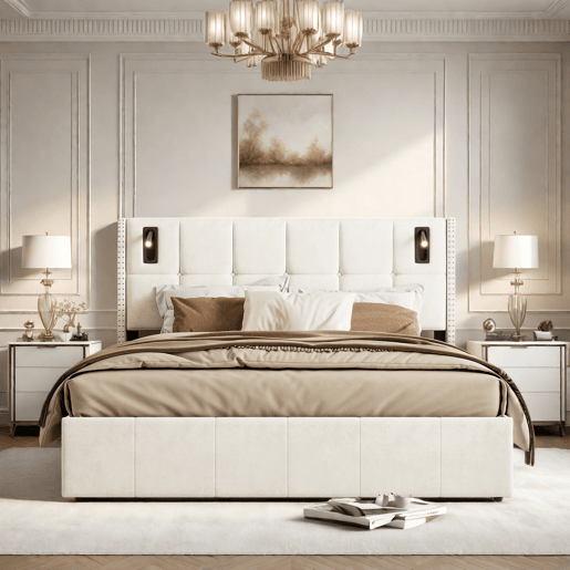 Cama estofada 160 x 200 cm, cama de casal com luz de leitura, cama de armazenamento hidráulica com ripas de madeira maciça e metal, bege