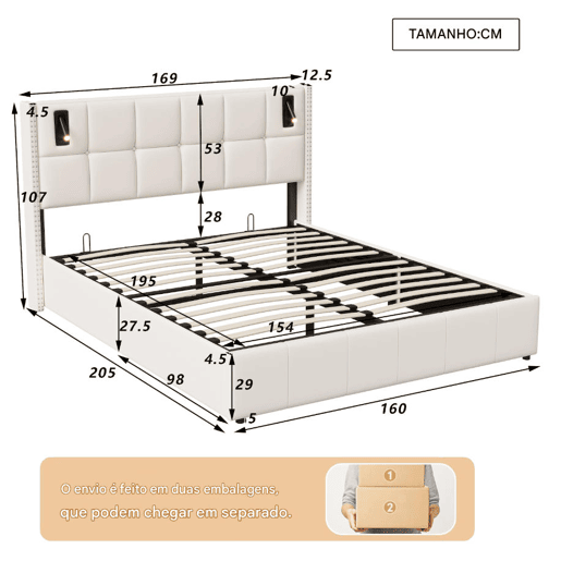 Cama estofada 160 x 200 cm, cama de casal com luz de leitura, cama de armazenamento hidráulica com ripas de madeira maciça e metal, bege