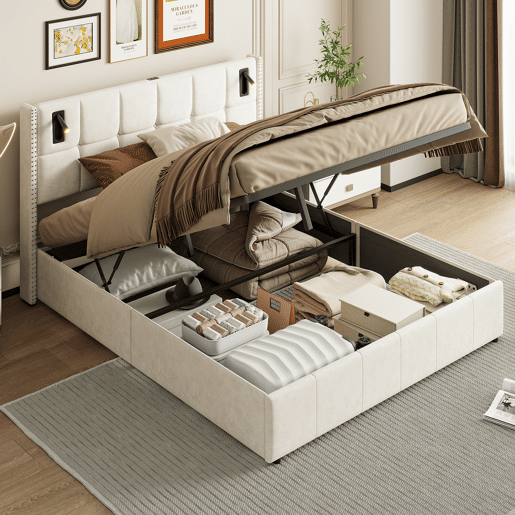 Cama estofada 160 x 200 cm, cama de casal com luz de leitura, cama de armazenamento hidráulica com ripas de madeira maciça e metal, bege