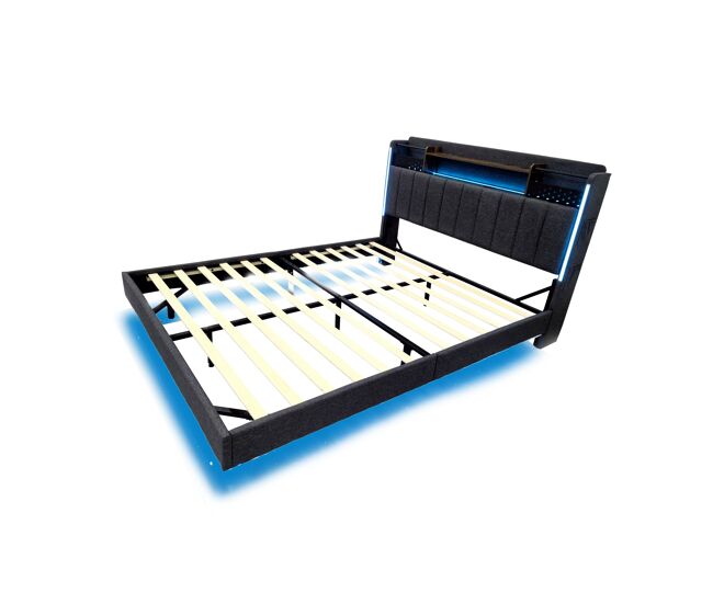 Cama de matrimonio de lino 160x200 cm con luz led,gris