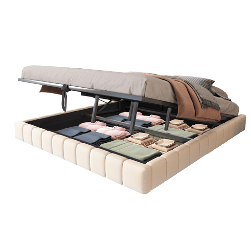 Cama de casal de linho 180x200 cm com armazenamento e luz led,bege