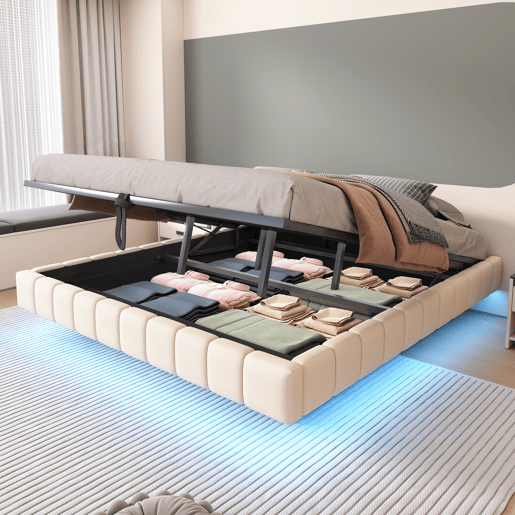 Cama de casal de linho 180x200 cm com armazenamento e luz led,bege