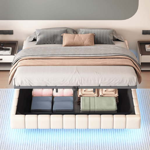 Cama de casal de linho 180x200 cm com armazenamento e luz led,bege