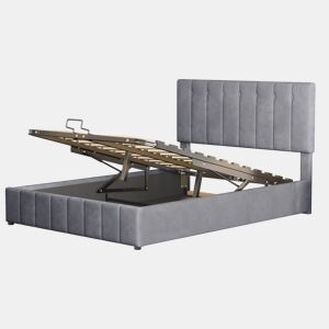 Cama de casal de veludo 140x200 cm com armazenamento,cinza