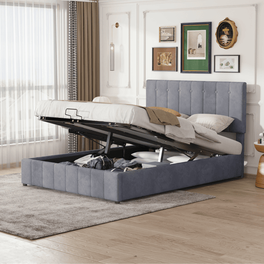 Cama de casal de veludo 140x200 cm com armazenamento,cinza Cama de casal de veludo 140x200 cm com armazenamento,cinza