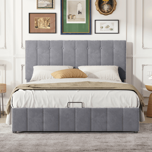 Cama de casal de veludo 140x200 cm com armazenamento,cinza Cama de casal de veludo 140x200 cm com armazenamento,cinza
