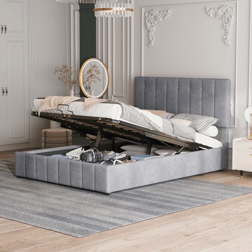 Cama de casal de veludo 140x200 cm com armazenamento,cinza Cama de casal de veludo 140x200 cm com armazenamento,cinza