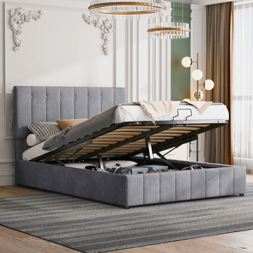 Cama de casal de veludo 140x200 cm com armazenamento,cinza Cama de casal de veludo 140x200 cm com armazenamento,cinza