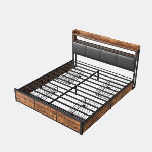 Cama estofada, luzes LED, com espaço de armazenamento