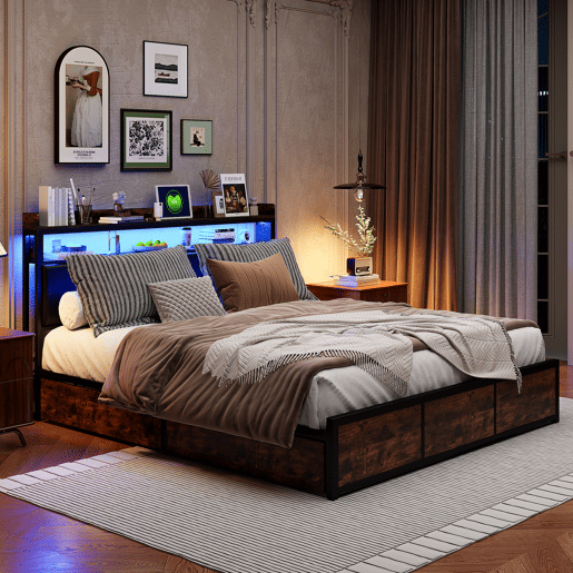 Cama estofada, luzes LED, com espaço de armazenamento Cama estofada, luzes LED, com espaço de armazenamento