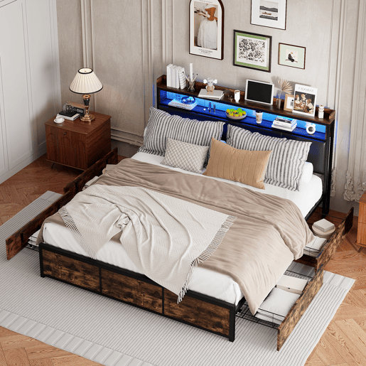 Cama estofada, luzes LED, com espaço de armazenamento Cama estofada, luzes LED, com espaço de armazenamento