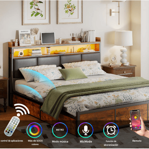 Cama estofada, luzes LED, com espaço de armazenamento Cama estofada, luzes LED, com espaço de armazenamento