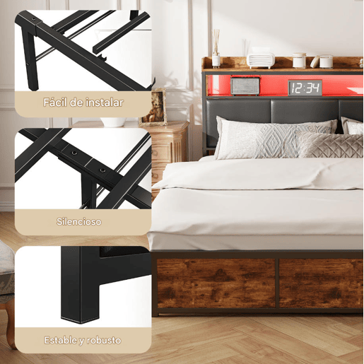 Cama estofada, luzes LED, com espaço de armazenamento Cama estofada, luzes LED, com espaço de armazenamento