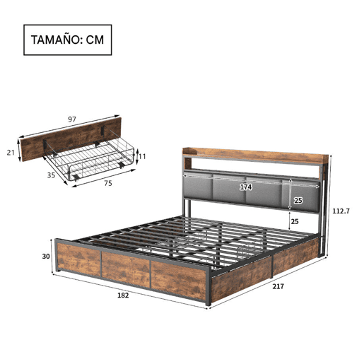 Cama estofada, luzes LED, com espaço de armazenamento Cama estofada, luzes LED, com espaço de armazenamento