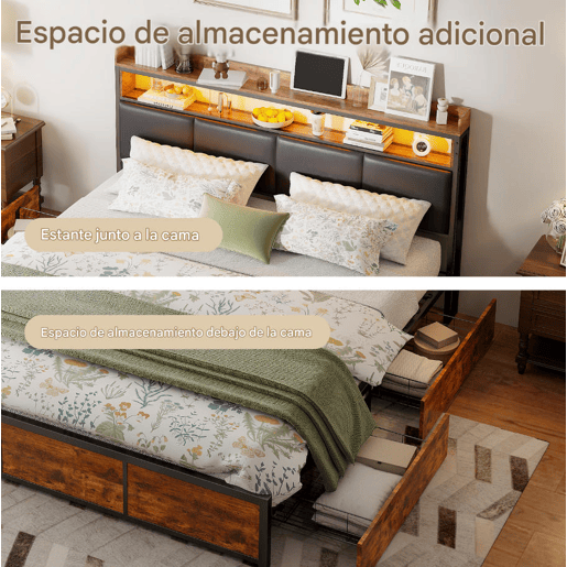 Cama estofada, luzes LED, com espaço de armazenamento Cama estofada, luzes LED, com espaço de armazenamento