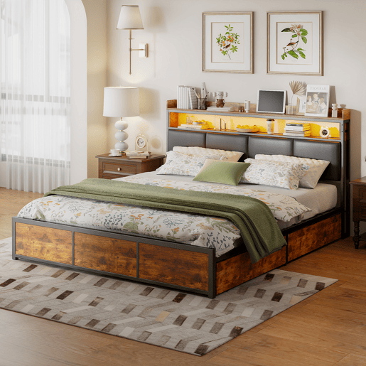 Cama estofada, luzes LED, com espaço de armazenamento Cama estofada, luzes LED, com espaço de armazenamento