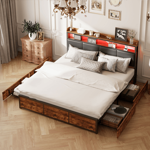 Cama estofada, luzes LED, com espaço de armazenamento Cama estofada, luzes LED, com espaço de armazenamento