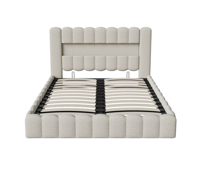Cama tapizada 160x200cm, cama con somier hidráulico, cama con somier de láminas, lámpara de lectura con puerto de carga usb e iluminación led, cama