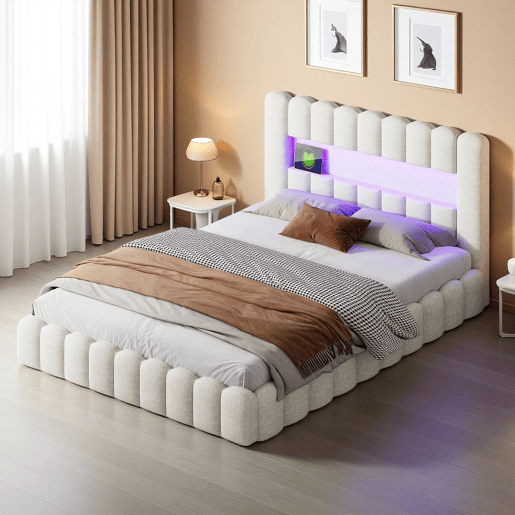 Cama estofada 160x200 cm, cama com estrado hidráulico, cama com estrado de ripas, candeeiro de leitura com porta de carregamento USB e iluminação LED, cama com baú, cama de casal juvenil (bege)