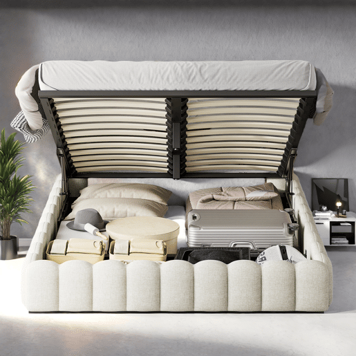 Cama estofada 160x200 cm, cama com estrado hidráulico, cama com estrado de ripas, candeeiro de leitura com porta de carregamento USB e iluminação LED, cama com baú, cama de casal juvenil (bege)