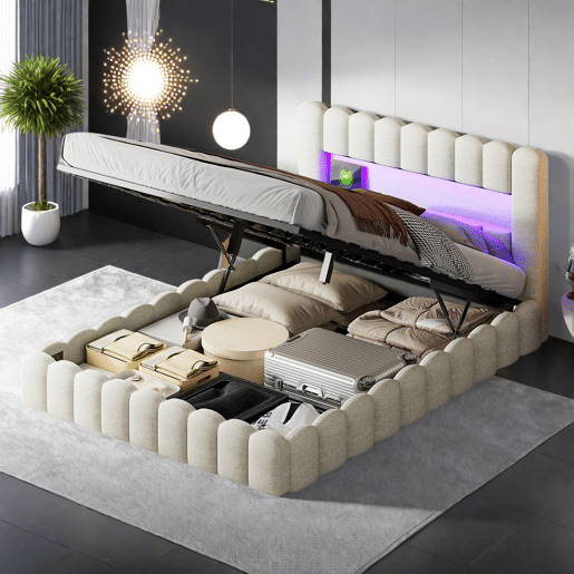 Cama estofada 160x200 cm, cama com estrado hidráulico, cama com estrado de ripas, candeeiro de leitura com porta de carregamento USB e iluminação LED, cama com baú, cama de casal juvenil (bege)