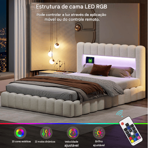 Cama estofada 160x200 cm, cama com estrado hidráulico, cama com estrado de ripas, candeeiro de leitura com porta de carregamento USB e iluminação LED, cama com baú, cama de casal juvenil (bege)