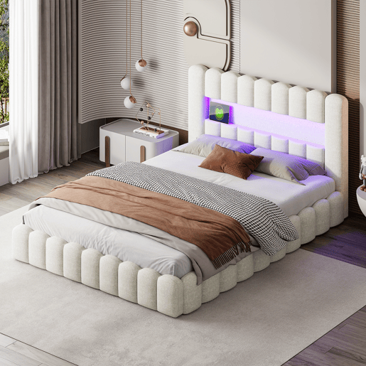 Cama estofada 160x200 cm, cama com estrado hidráulico, cama com estrado de ripas, candeeiro de leitura com porta de carregamento USB e iluminação LED, cama com baú, cama de casal juvenil (bege)