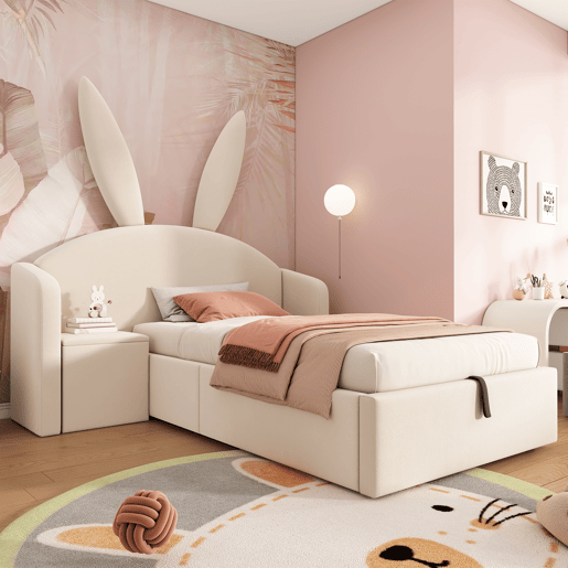 Cama de criança,cama de solteiro de veludo 90x200 cm com armazenamento,bege Cama de criança,cama de solteiro de veludo 90x200 cm com armazenamento,bege