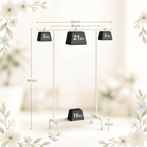 Cabideiro com rodas - Design aberto e portátil para roupa - Branco