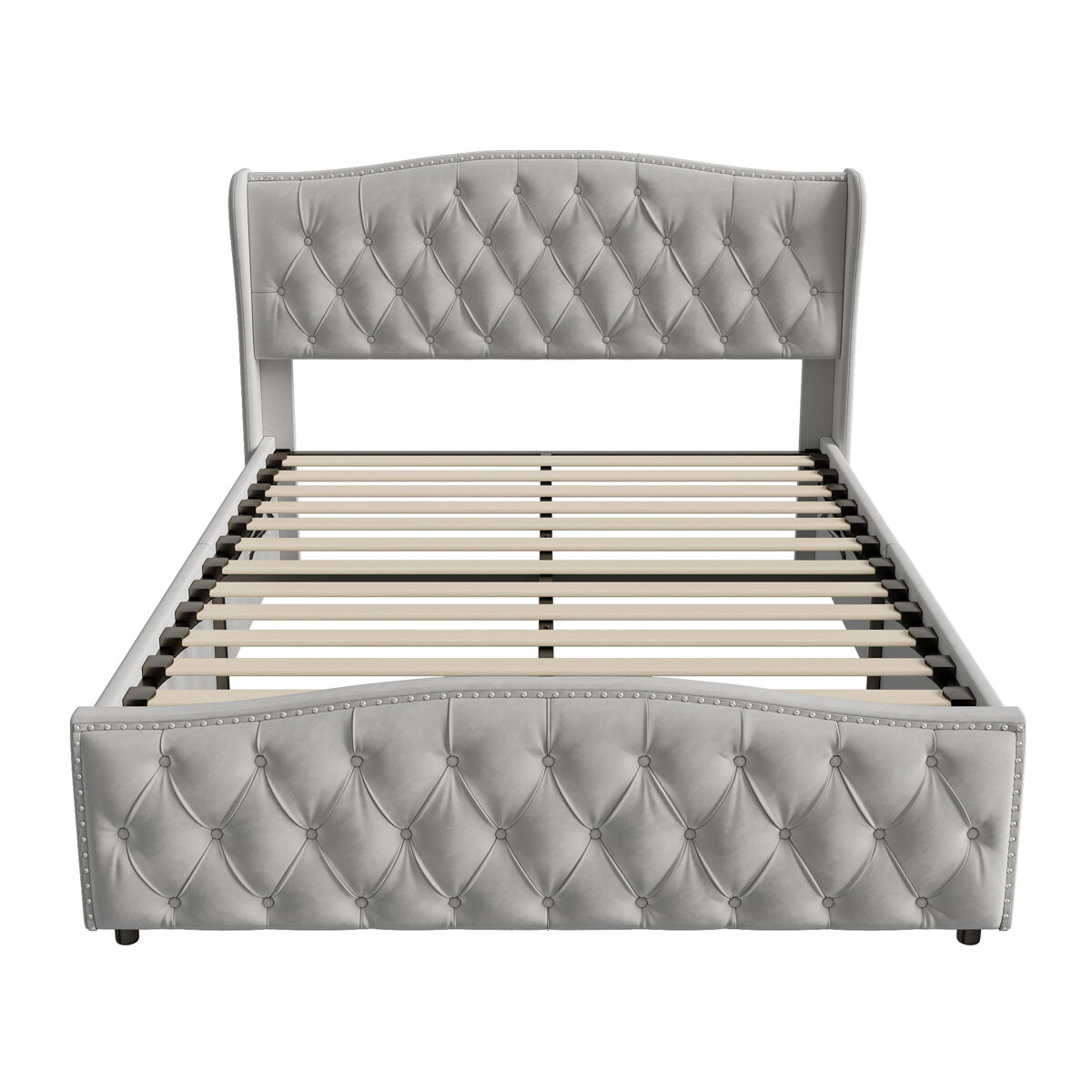 Cama tapizada de 140x190 cm con cajón de almacenamiento, sistema hidráulico, cabecero y piecero tapizados con capitoné, somier de láminas de metal y