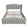 Cama estofada de 140x190 cm com baú, função hidráulica, cabeceira e peseira estofadas com capitonê, estrutura de ripas de metal e madeira, veludo, cinza