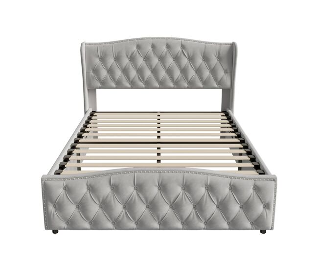 Cama tapizada de 140x190 cm con cajón de almacenamiento, sistema hidráulico, cabecero y piecero tapizados con capitoné, somier de láminas de metal y