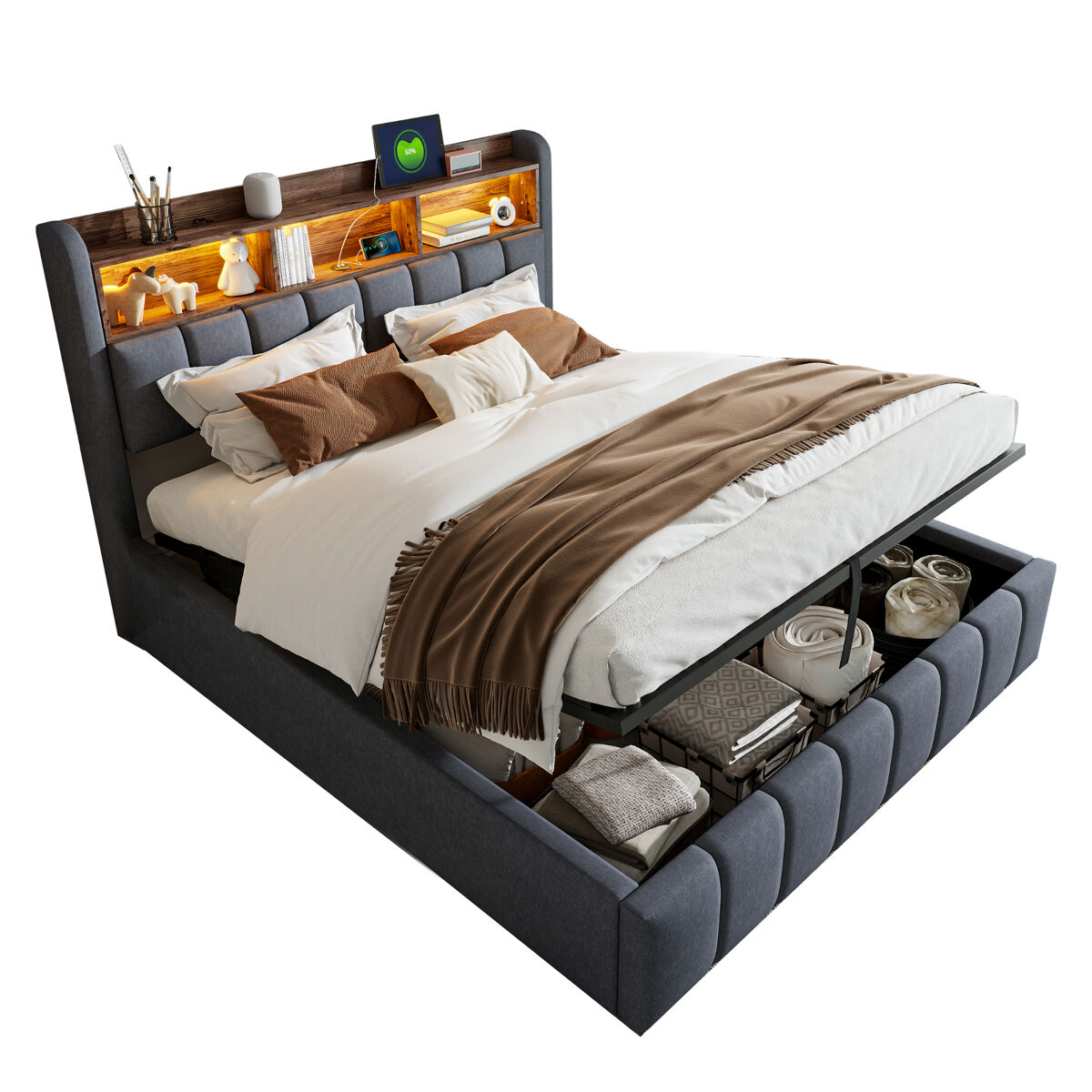 Cama de matrimonio de lino 180x215 Gris