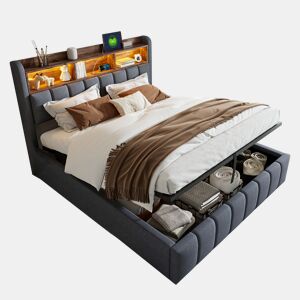 Cama de casal de linho 180x200 cm com armazenamento e luz led,cinza