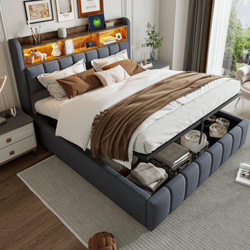 Cama de casal de linho 180x200 cm com armazenamento e luz led,cinza Cama de casal de linho 180x200 cm com armazenamento e luz led,cinza