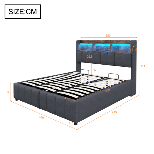 Cama de casal de linho 180x200 cm com armazenamento e luz led,cinza Cama de casal de linho 180x200 cm com armazenamento e luz led,cinza