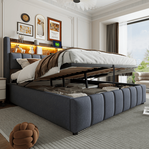 Cama de casal de linho 180x200 cm com armazenamento e luz led,cinza Cama de casal de linho 180x200 cm com armazenamento e luz led,cinza