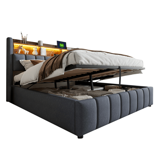 Cama de casal de linho 180x200 cm com armazenamento e luz led,cinza Cama de casal de linho 180x200 cm com armazenamento e luz led,cinza