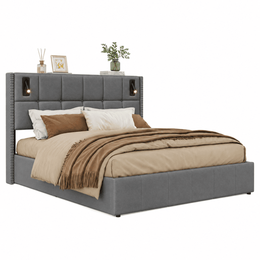 Cama estofada 140 x 200 cm, cama de casal com luz de leitura, cama de armazenamento hidráulica com ripas de madeira maciça e metal, cinza