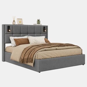 Cama estofada 140 x 200 cm, cama de casal com luz de leitura, cama de armazenamento hidráulica com ripas de madeira maciça e metal, cinza