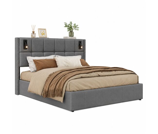 Cama tapizada de 140 x 200 cm, cama doble con luz de lectura, cama basculante hidráulica con láminas de madera maciza y metal, color gris