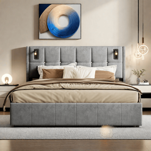 Cama estofada 140 x 200 cm, cama de casal com luz de leitura, cama de armazenamento hidráulica com ripas de madeira maciça e metal, cinza