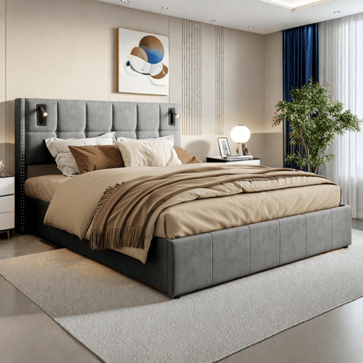 Cama estofada 140 x 200 cm, cama de casal com luz de leitura, cama de armazenamento hidráulica com ripas de madeira maciça e metal, cinza