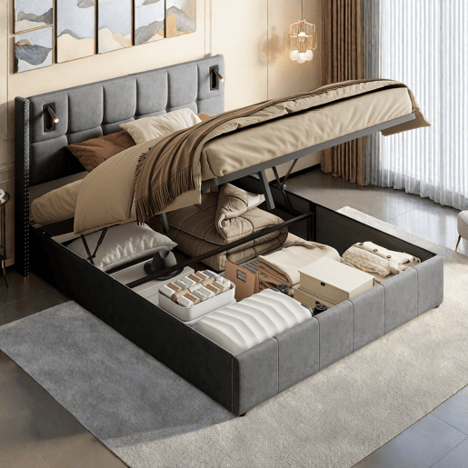 Cama estofada 140 x 200 cm, cama de casal com luz de leitura, cama de armazenamento hidráulica com ripas de madeira maciça e metal, cinza