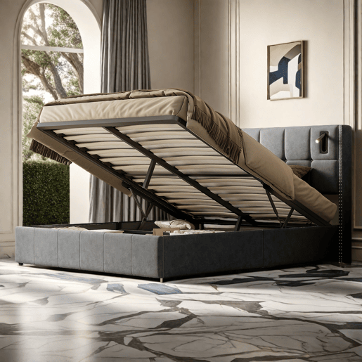 Cama estofada 140 x 200 cm, cama de casal com luz de leitura, cama de armazenamento hidráulica com ripas de madeira maciça e metal, cinza