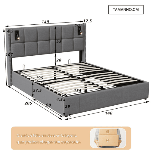 Cama estofada 140 x 200 cm, cama de casal com luz de leitura, cama de armazenamento hidráulica com ripas de madeira maciça e metal, cinza
