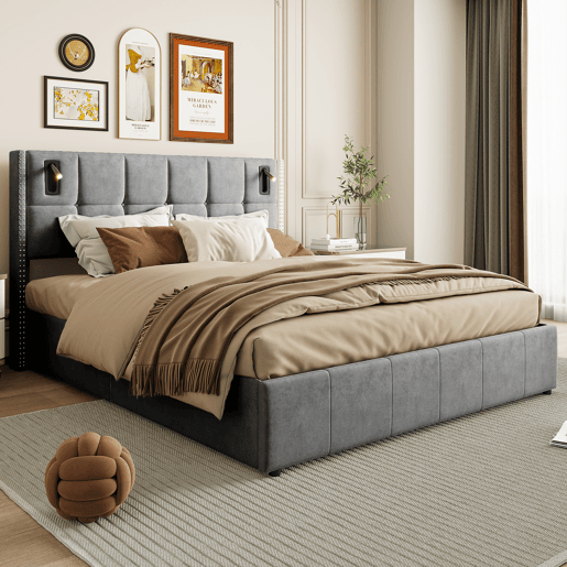 Cama estofada 140 x 200 cm, cama de casal com luz de leitura, cama de armazenamento hidráulica com ripas de madeira maciça e metal, cinza