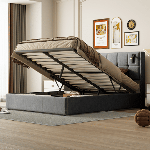 Cama estofada 140 x 200 cm, cama de casal com luz de leitura, cama de armazenamento hidráulica com ripas de madeira maciça e metal, cinza